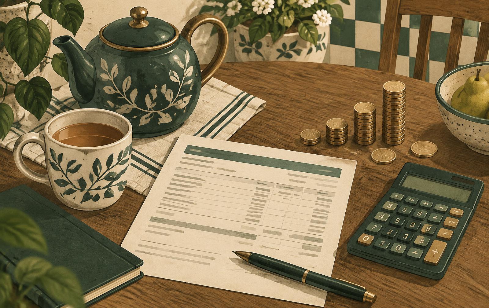 A kitchen table with a payslip, a calculator, a teapot and small stacks of coins