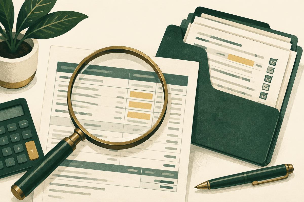 A magnifying glass over a payslip beside a folder of forms